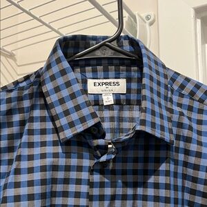 Express Men's Blue and Black Plaid Shirt